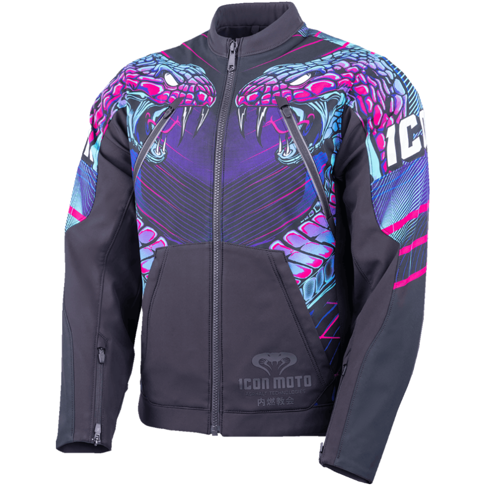 A dark gray motorcycle jacket featuring a vibrant graphic print of two coiled snakes in shades of pink, purple, and blue on the chest and shoulders. The jacket has a full front zipper, zippered hand pockets, and the 'ICON MOTO' brand logo printed near the bottom front.