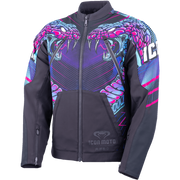 A dark gray motorcycle jacket featuring a vibrant graphic print of two coiled snakes in shades of pink, purple, and blue on the chest and shoulders. The jacket has a full front zipper, zippered hand pockets, and the 'ICON MOTO' brand logo printed near the bottom front.