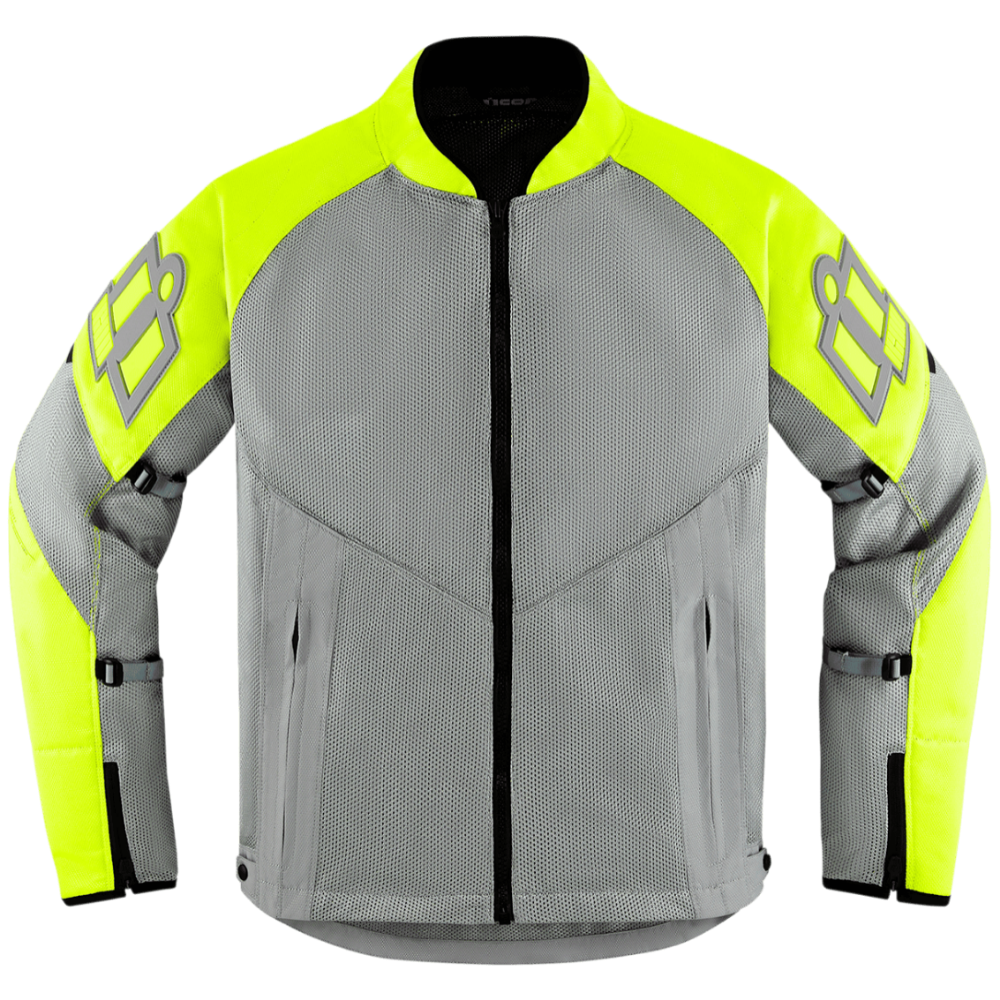 A high-visibility motorcycle jacket with a gray mesh body, neon yellow sleeves and shoulder panels, and reflective gray logo graphics on the upper arms, shown against a plain white background.