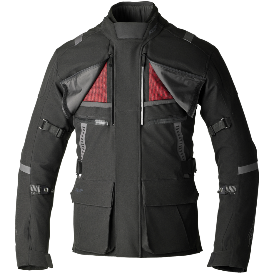 Black and gray jacket with red lining on a white background