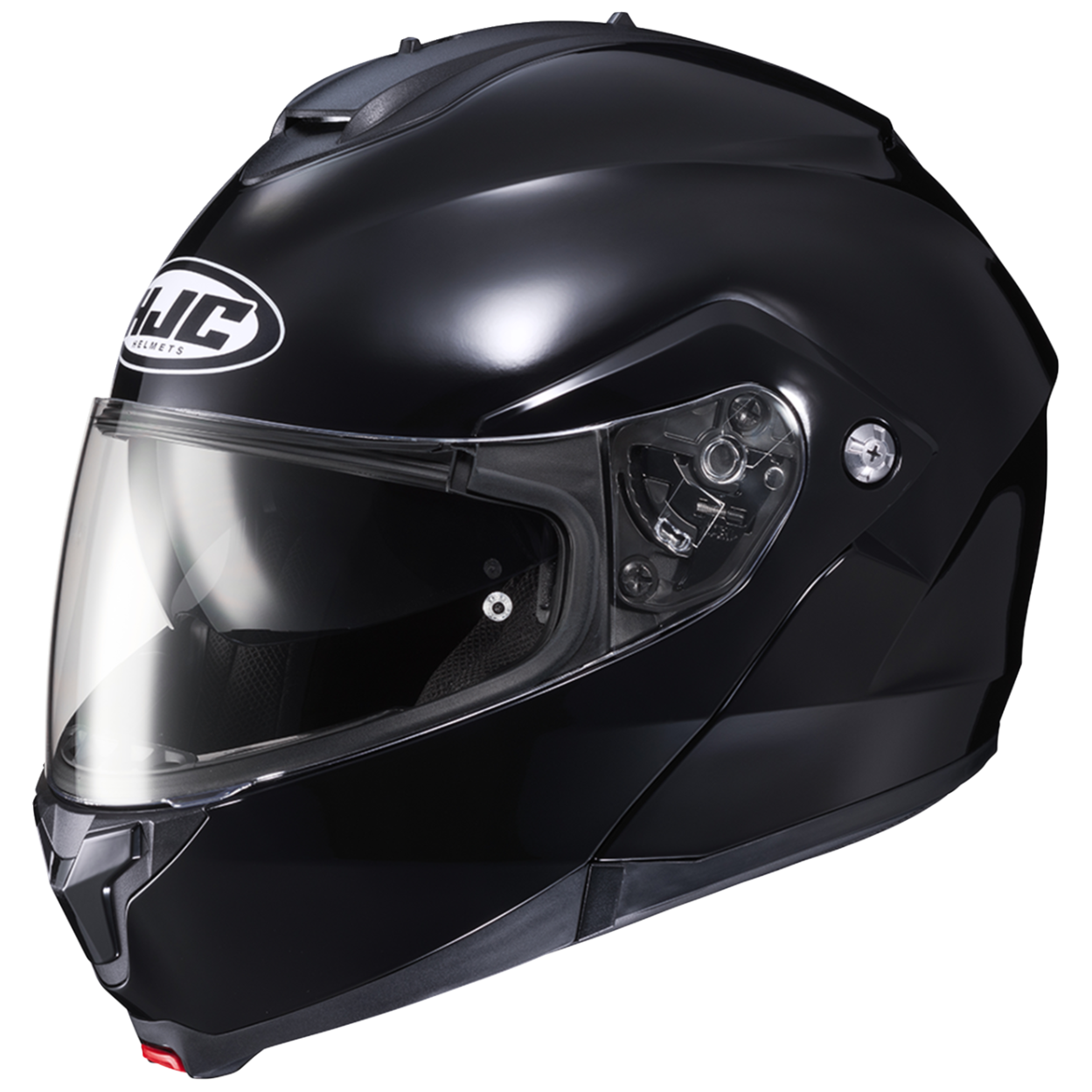 Black motorcycle helmet with clear visor on a white background