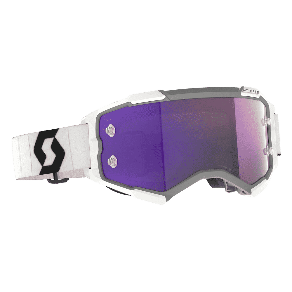 Goggles with purple lens and white frame on a white background