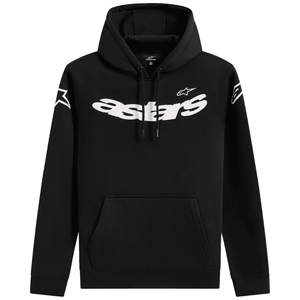 A black Alpinestars pullover hoodie with a large white 'astars' logo across the chest, a small white star logo on the right chest, and white graphic details on both sleeves, shown against a solid green background.