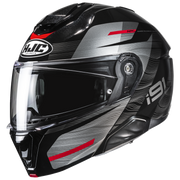 Black and gray motorcycle helmet with red accents and HJC branding on a white background