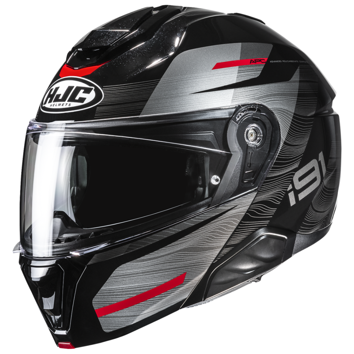 Black and gray motorcycle helmet with red accents and HJC branding on a white background
