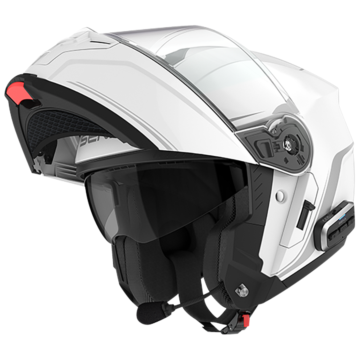 White motorcycle helmet with clear visor on a white background