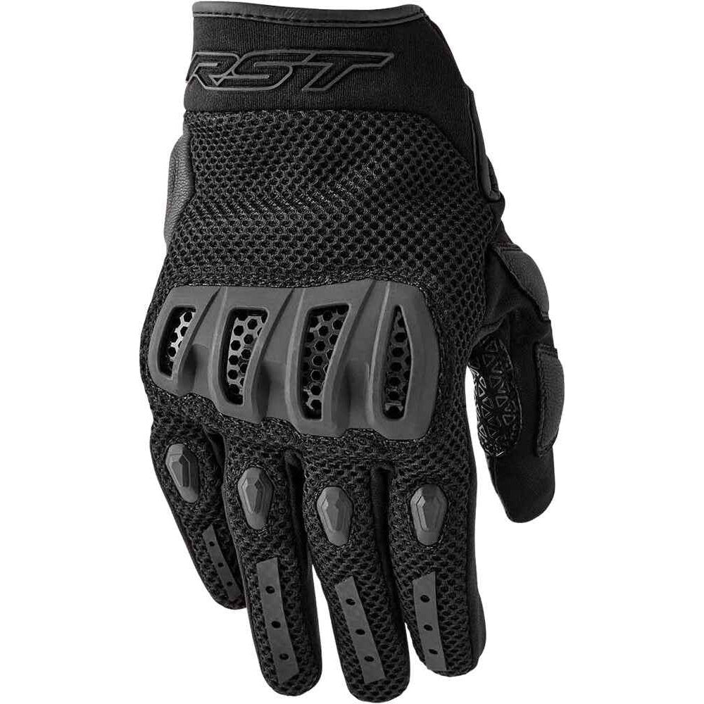 Black motorcycle glove with RST branding on a white background