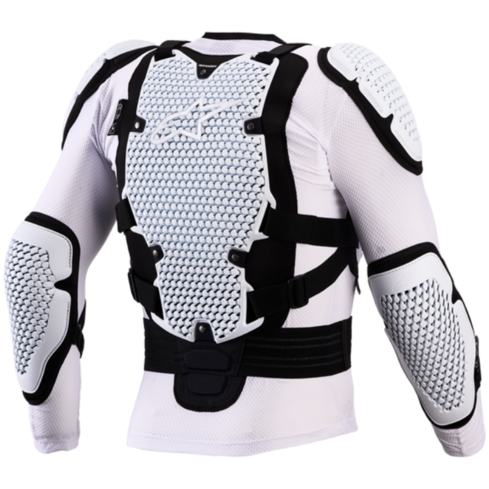White and black athletic protective armor vest with shoulder, elbow, and back padding, shown from the back on a white background.