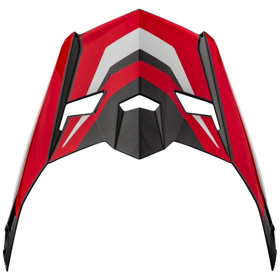 Red, black, and white motorcycle off-road helmet peak visor on a white background