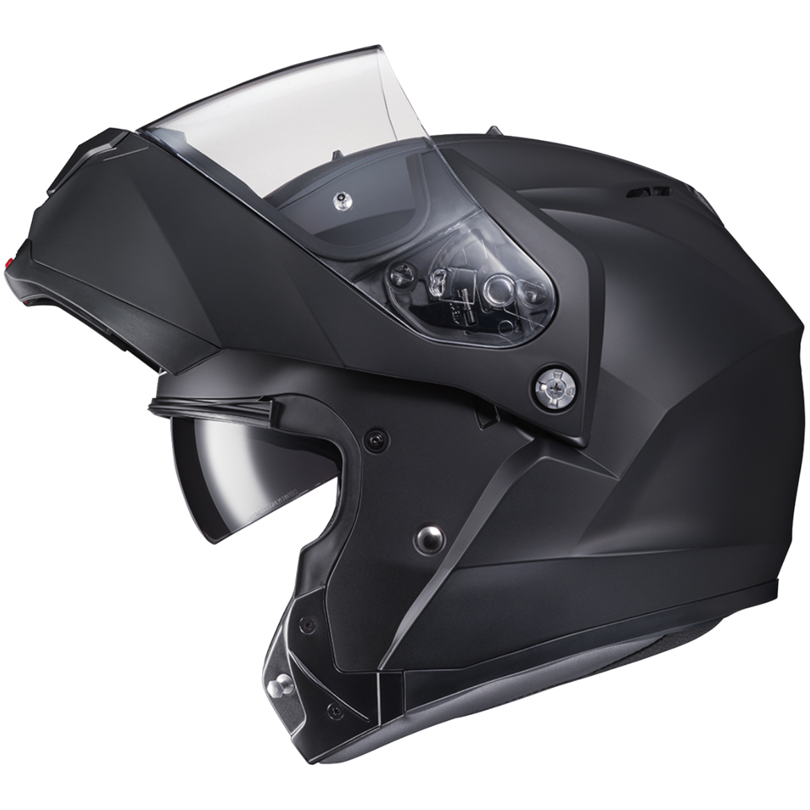 Black motorcycle helmet with clear visor on a white background