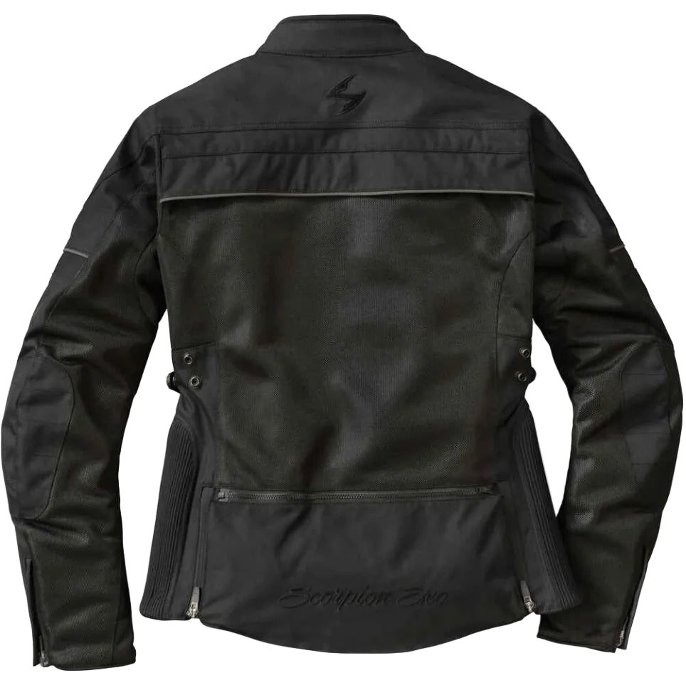 Black leather motorcycle jacket shown from the back, featuring a structured collar, padded shoulder panels, side snap adjustments, and a zippered lower pocket with 'Scorpion' branding.