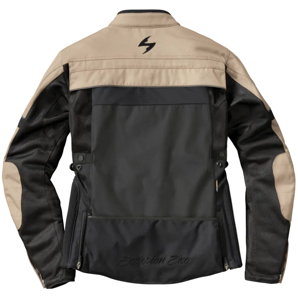 Black and beige motorcycle jacket with brand logo on a white background