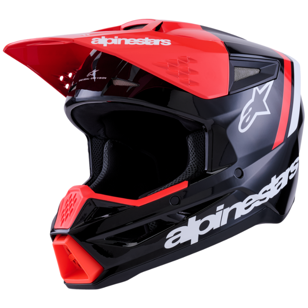 Black and red motocross helmet with 'alpinestars' branding on a white background