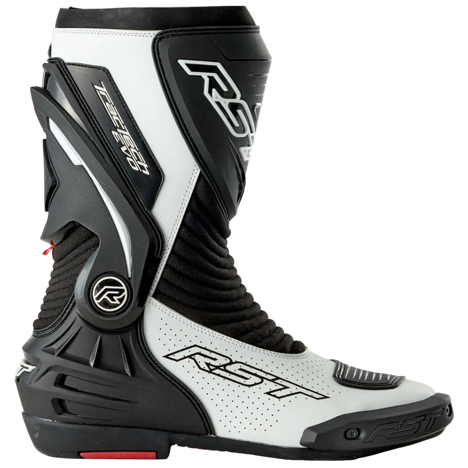 Black and white motorcycle boot with RST branding on a white background