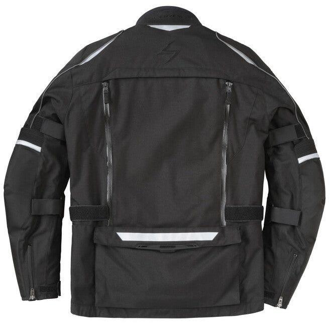Black motorcycle jacket with white accents on a white background