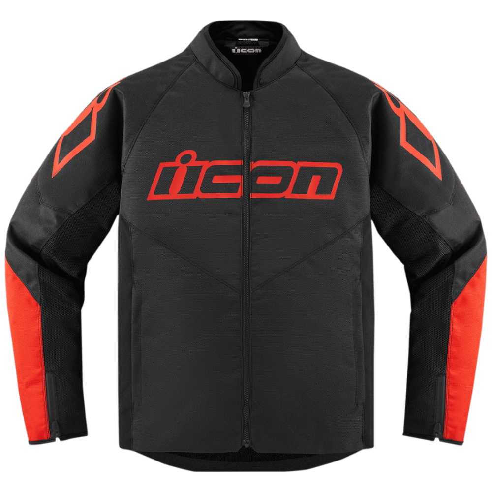 A black motorcycle jacket with bright red accents, featuring a large 'icon' logo on the chest and red diamond-shaped shoulder patches, shown against a plain white background.