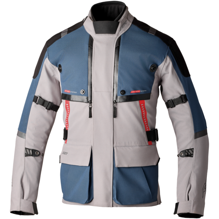 Multicolored jacket with gray, blue, and black sections on a white background