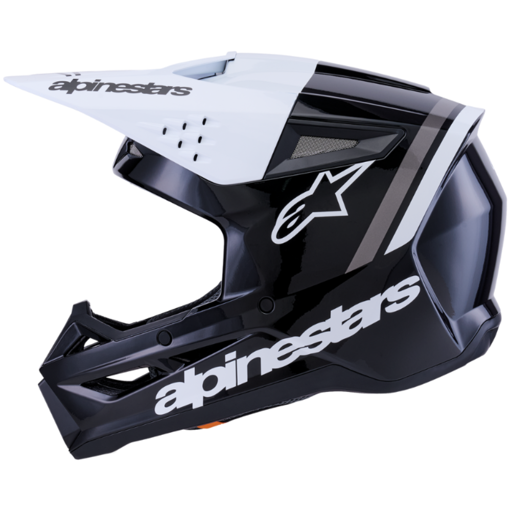 Black and white helmet with 'alpinestars' branding on a white background