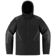 A black hooded jacket with mixed matte and textured paneling, shown on a plain white background.