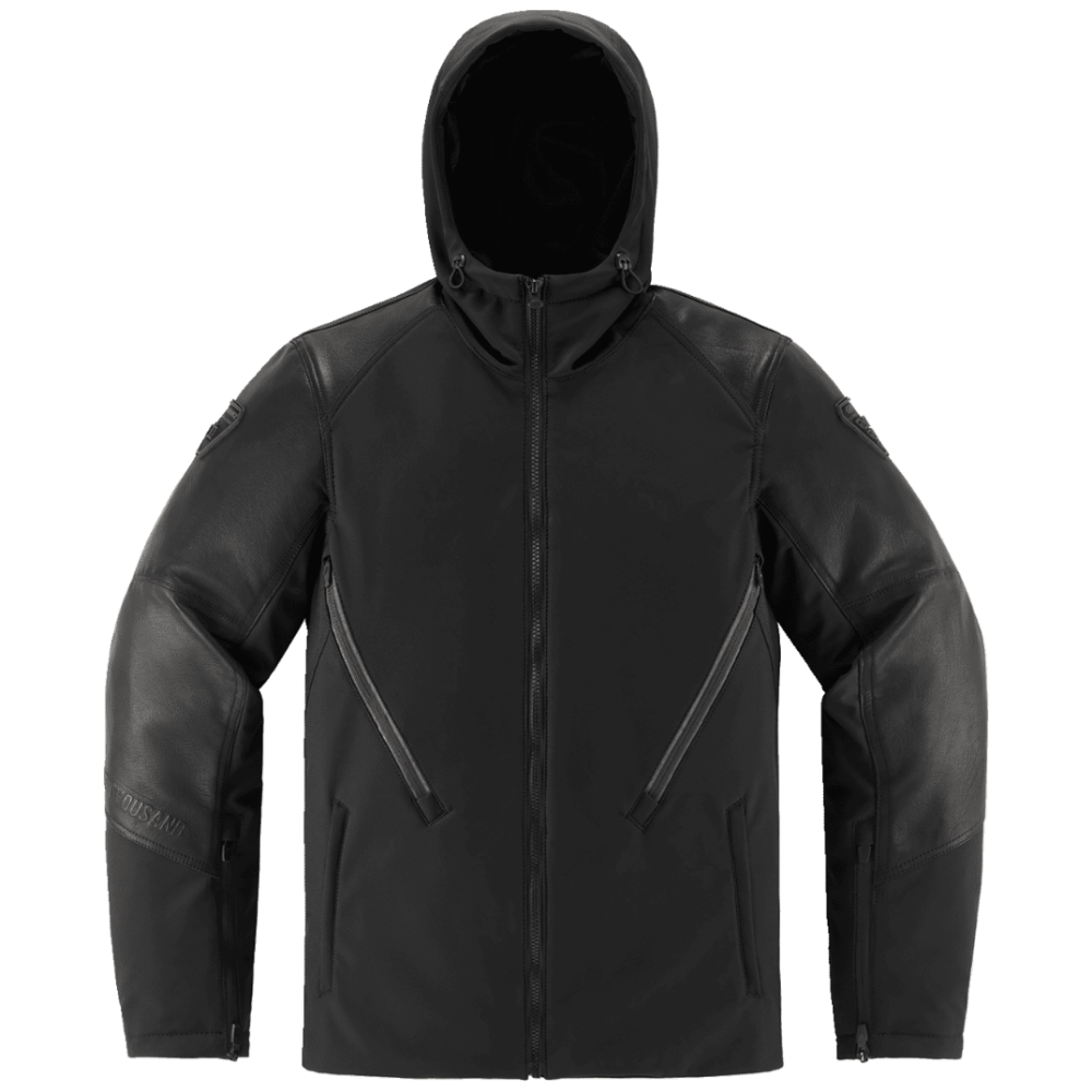 A black hooded jacket with mixed matte and textured paneling, shown on a plain white background.