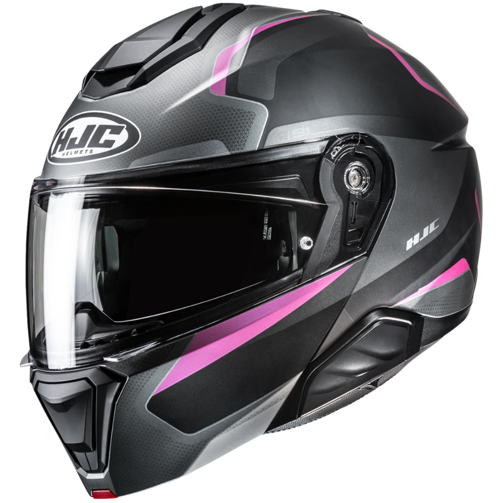 Gray and pink HJC motorcycle helmet on a white background