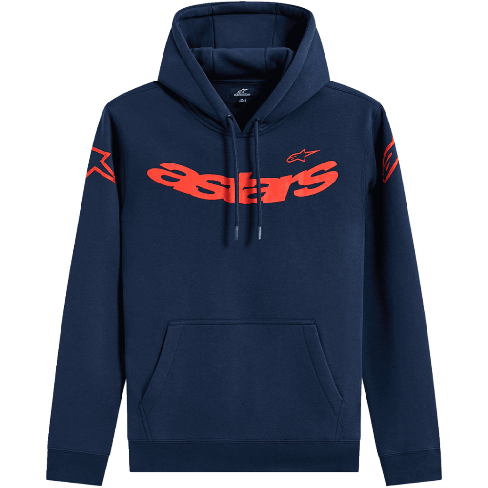 A navy blue Alpinestars pullover hoodie with a large red 'astars' logo across the chest, a small red Alpinestars logo on the left chest, and red starburst graphics on both sleeves, shown against a solid green background.