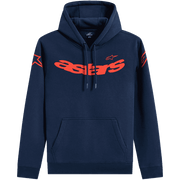 A navy blue Alpinestars pullover hoodie with a large red 'astars' logo across the chest, a small red Alpinestars logo on the left chest, and red starburst graphics on both sleeves, shown against a solid green background.