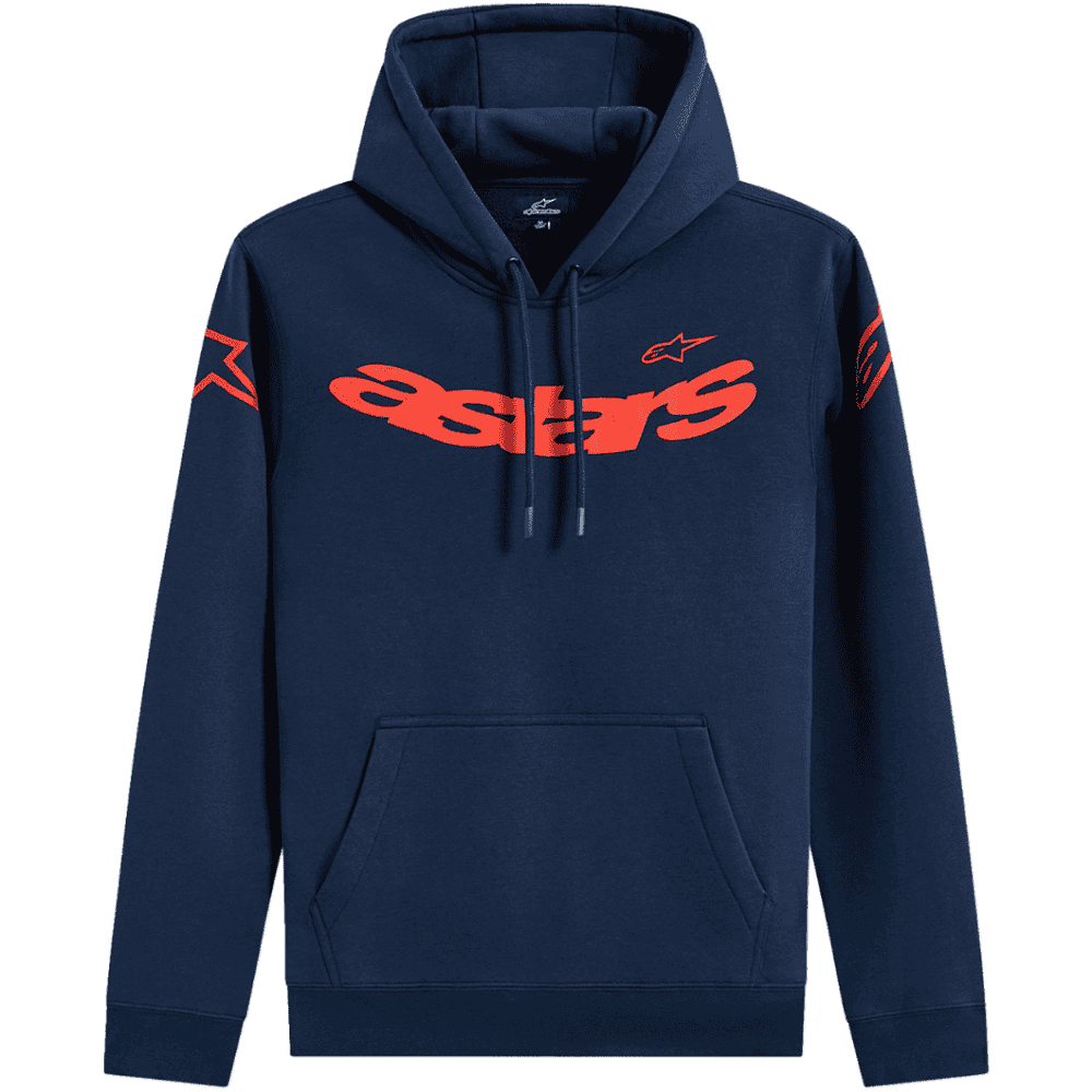 A navy blue Alpinestars pullover hoodie with a large red 'astars' logo across the chest, a small red Alpinestars logo on the left chest, and red starburst graphics on both sleeves, shown against a solid green background.