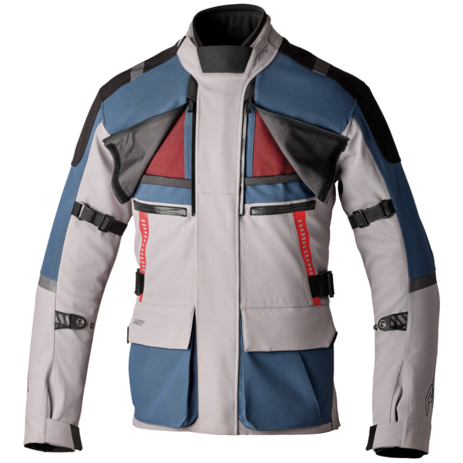 Multicolored jacket with gray, blue, and red sections on a white background
