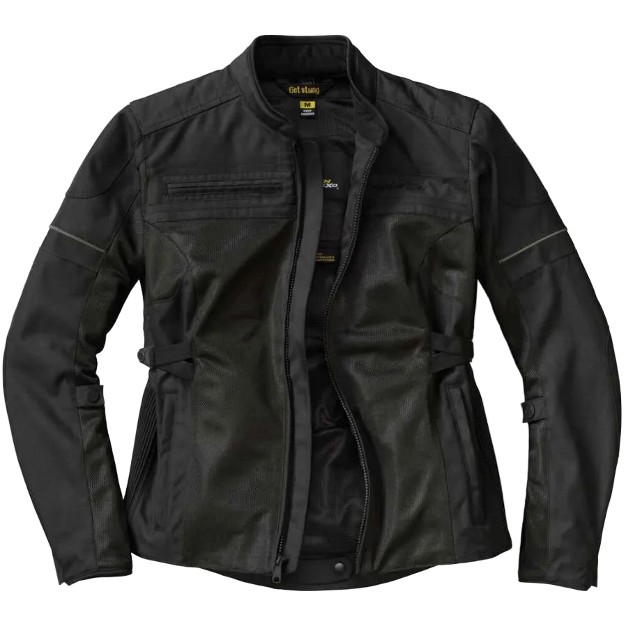 A black motorcycle jacket with a stand collar, front zipper, and zippered chest pockets, shown against a plain white background.