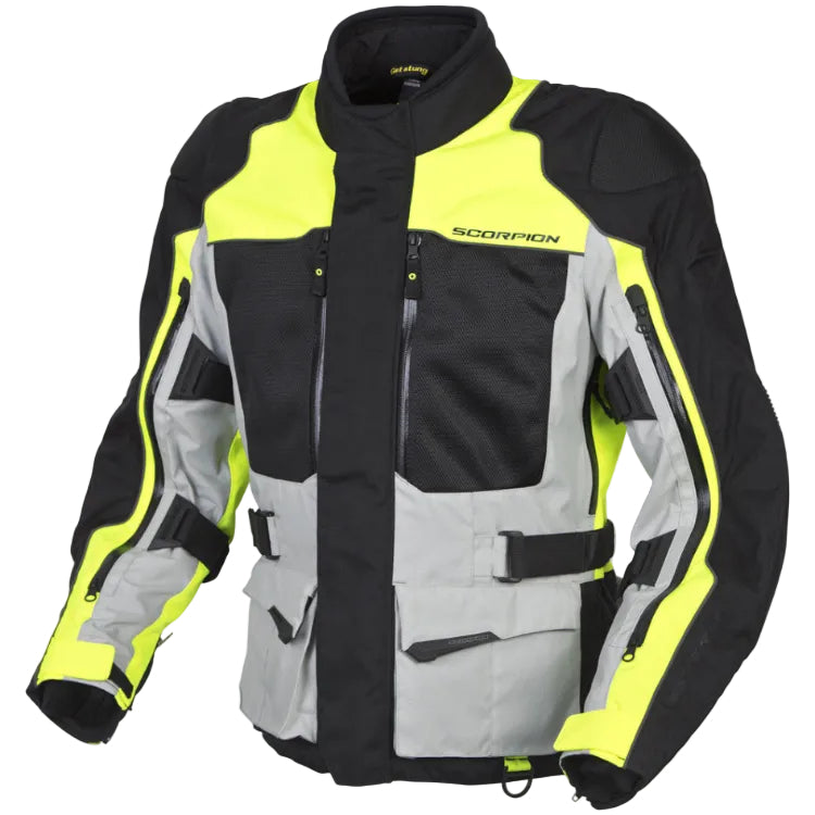 Motorcycle jacket with black, gray, and yellow color scheme on a white background