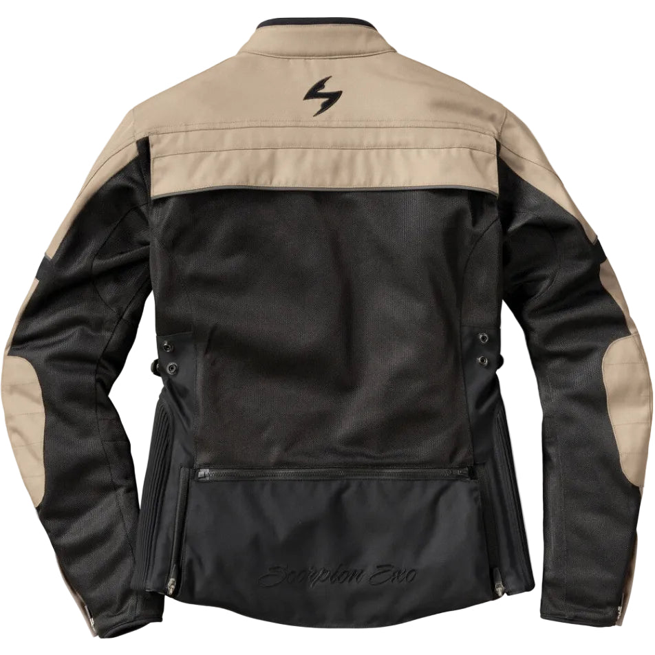 Black and beige motorcycle jacket with brand logo on a white background