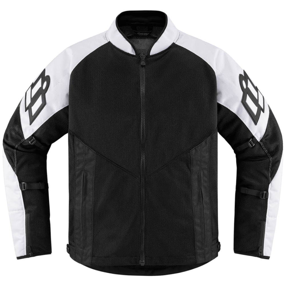 A black and white motorcycle jacket with a full-zip front, mesh panels, and a large stylized logo printed on both sleeves, shown against a plain white background.