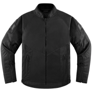 A black technical motorcycle jacket with a full-length front zipper, stand collar, and textured fabric panels, shown on a plain white background.
