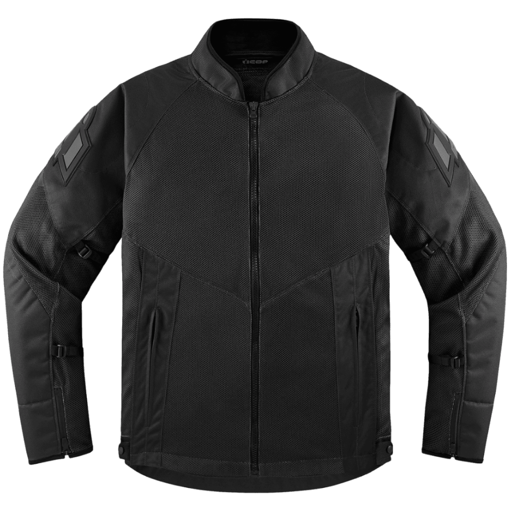 A black technical motorcycle jacket with a full-length front zipper, stand collar, and textured fabric panels, shown on a plain white background.