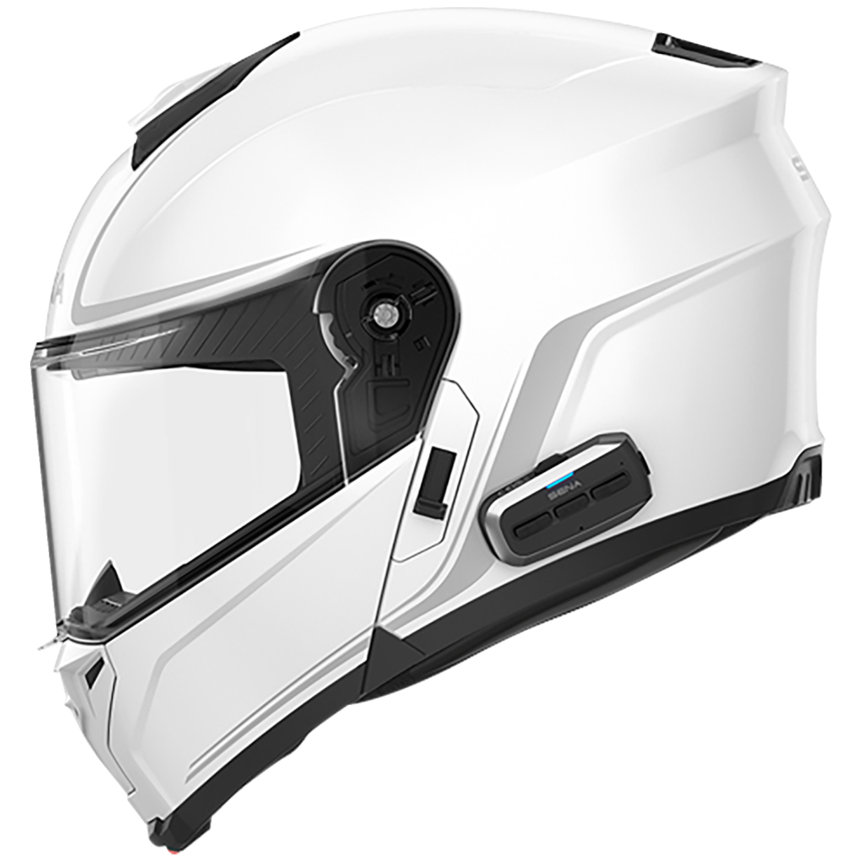 White motorcycle helmet with clear visor on a white background
