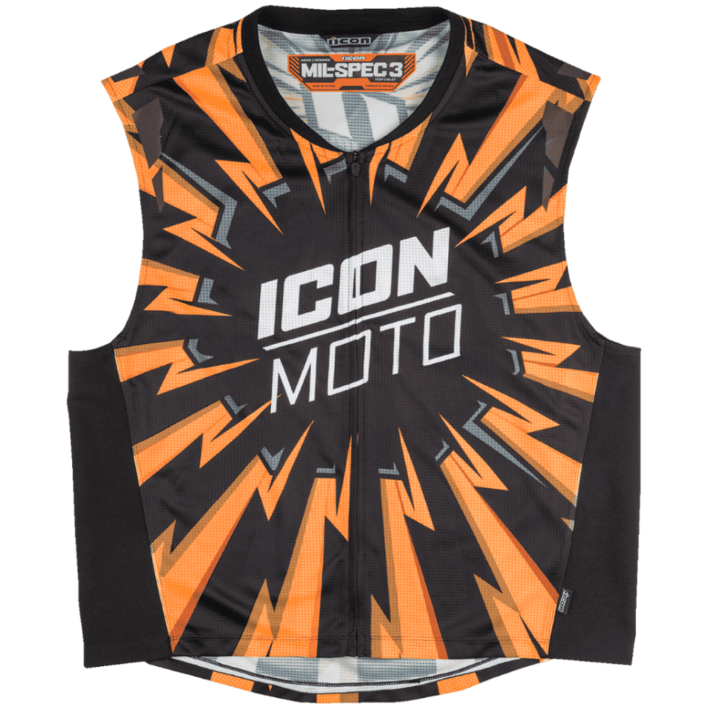 A sleeveless zip-up jersey vest by Icon Moto, featuring a black and orange lightning-bolt graphic pattern with white 'ICON MOTO' text on the chest.