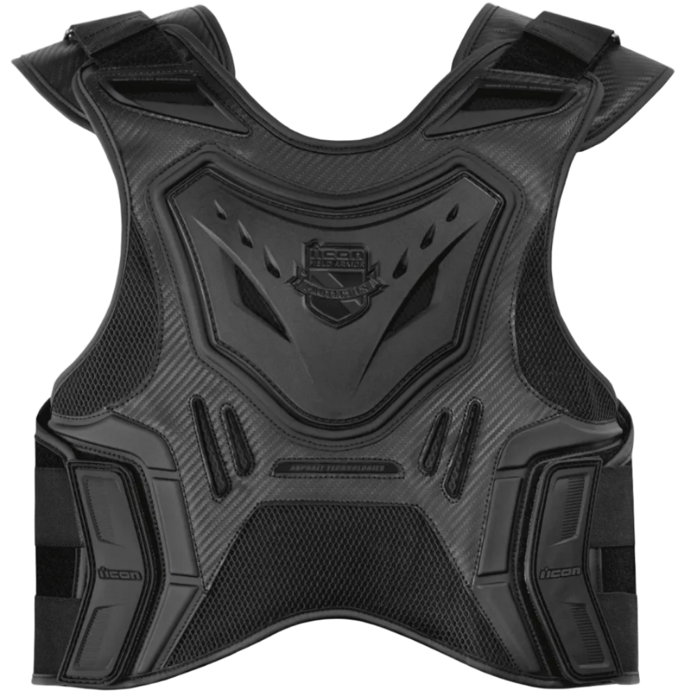 Black protective chest armor vest on a white background