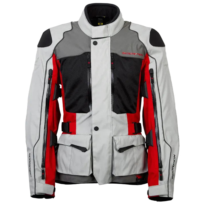 Motorcycle jacket with red, gray, and black design on a white background