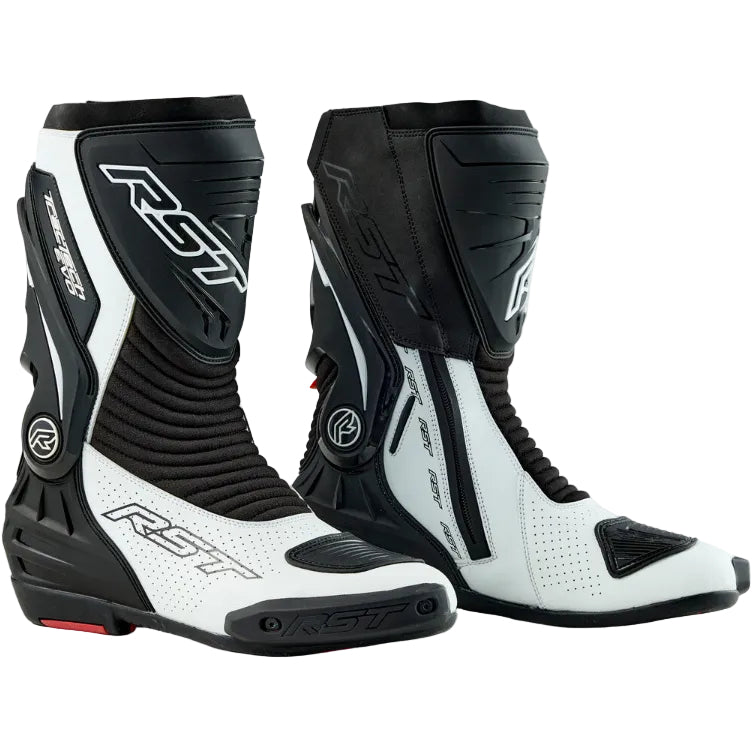 Pair of black and white motorcycle boots with RST branding on a white background