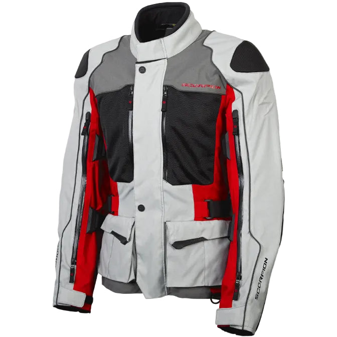 Motorcycle jacket with gray, black, and red design on a white background