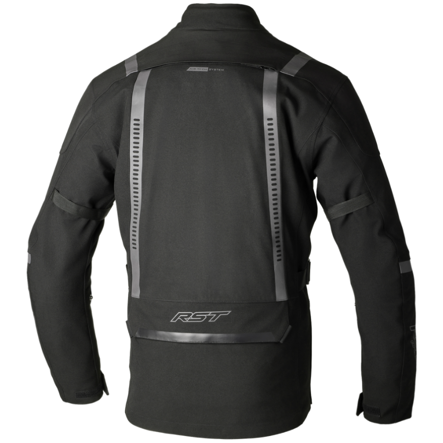 Black motorcycle jacket with reflective stripes on a white background