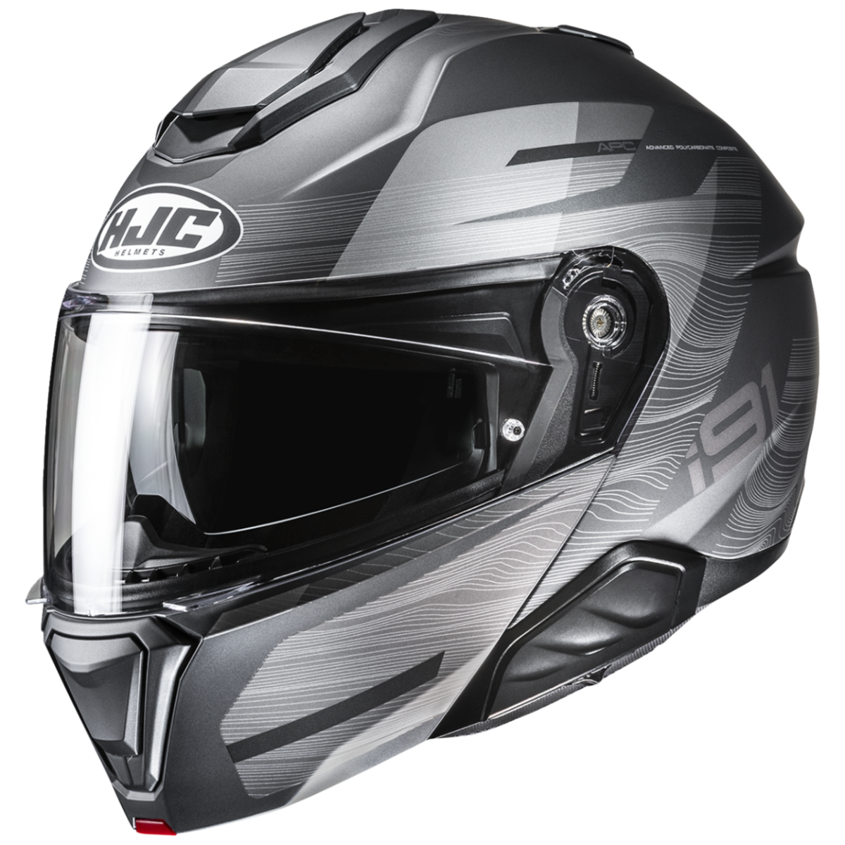 Gray and black motorcycle helmet with clear visor on a white background