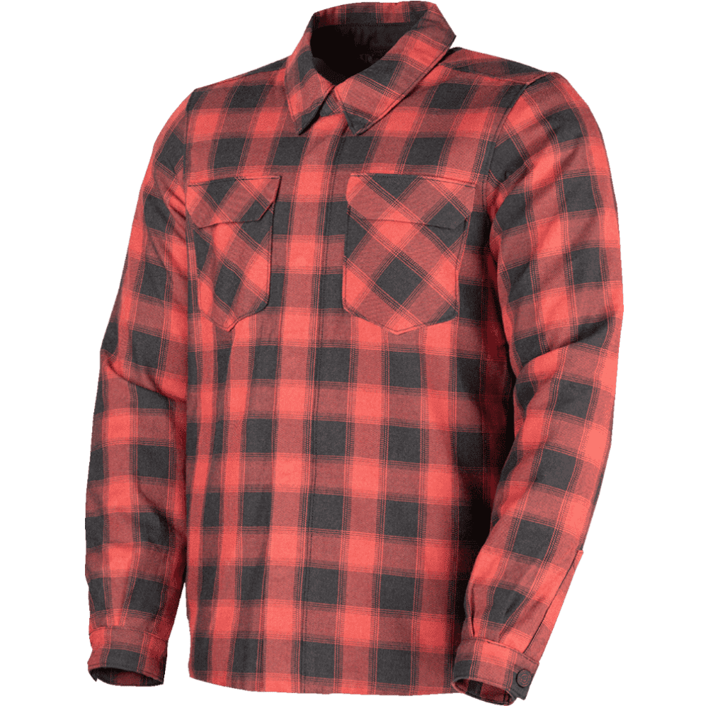 A red and black plaid long-sleeve flannel shirt with two chest pockets, shown on a plain white background.