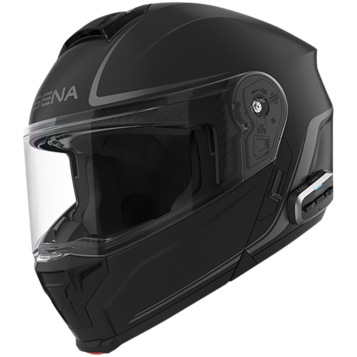 Black Sena motorcycle helmet on a white background