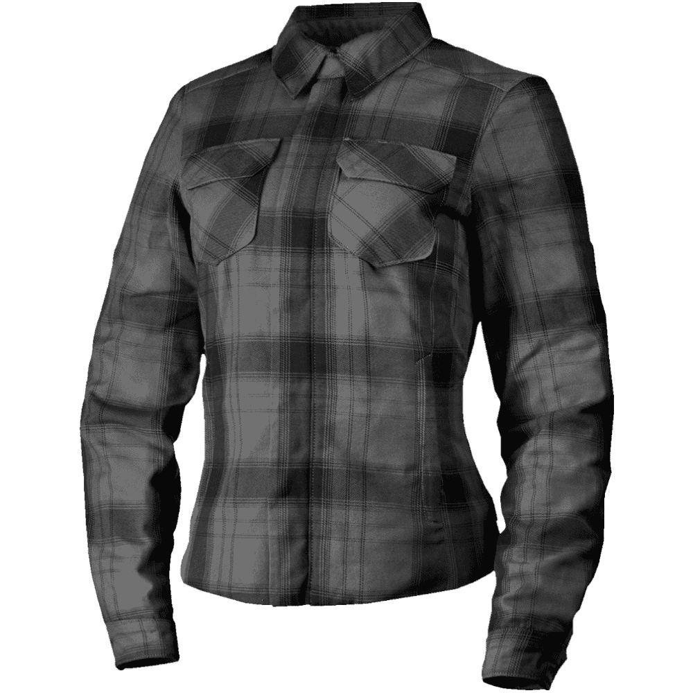 A women's long-sleeve button-up plaid shirt in dark gray and black, featuring two chest flap pockets, shown on a plain white background.