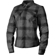 A women's long-sleeve button-up plaid shirt in dark gray and black, featuring two chest flap pockets, shown on a plain white background.