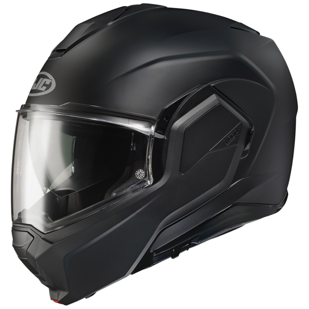 Black motorcycle helmet with clear visor on a white background