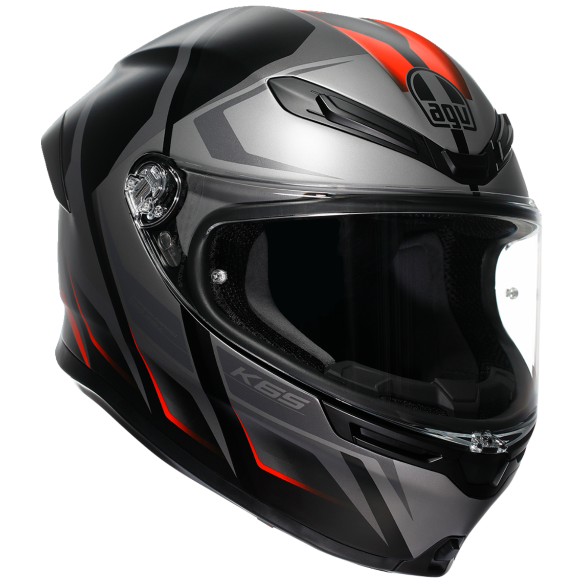 Black and red motorcycle helmet with 'AGV' branding on a white background