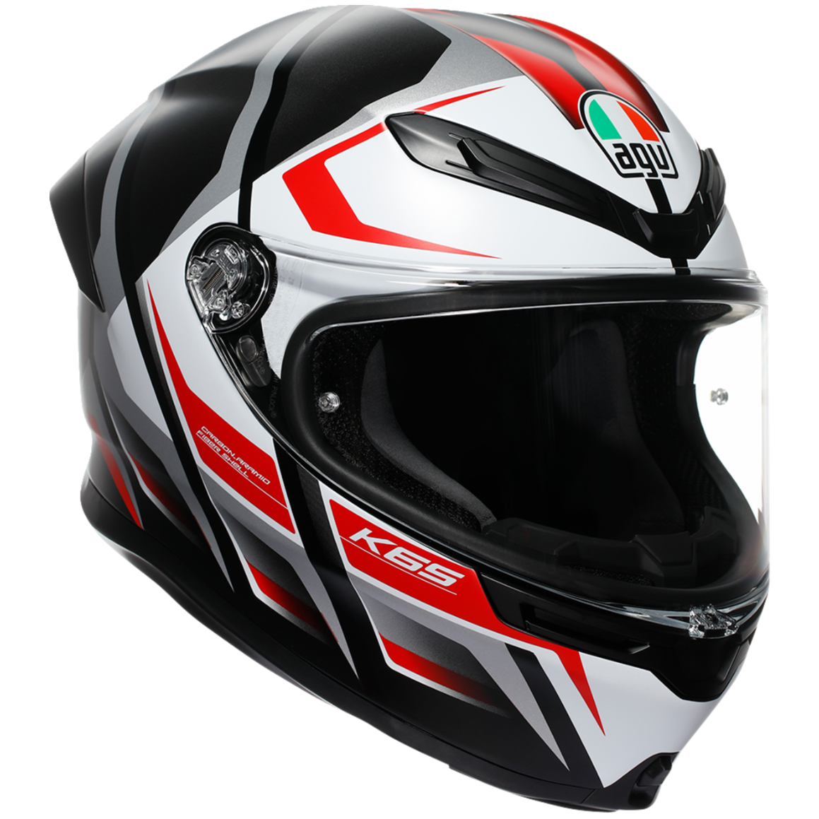 White black and red motorcycle helmet with 'AGV' branding on a white background